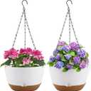 Dovesail 10 Inch Hanging Planter, 2 Pack Hanging Plastic Plant Self Watering Pot with Drainage Holes and Saucers, Hanging Baskets Flower Pots for Indoor Outdoor Garden Plants and Flowers-White