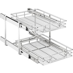 2-Tier Kitchen Cabinet Pull Out Shelf and Drawer Organizer Slide Out Pantry Storaqe Basket in Multiple Sizes (16" W x 21" D), Silver