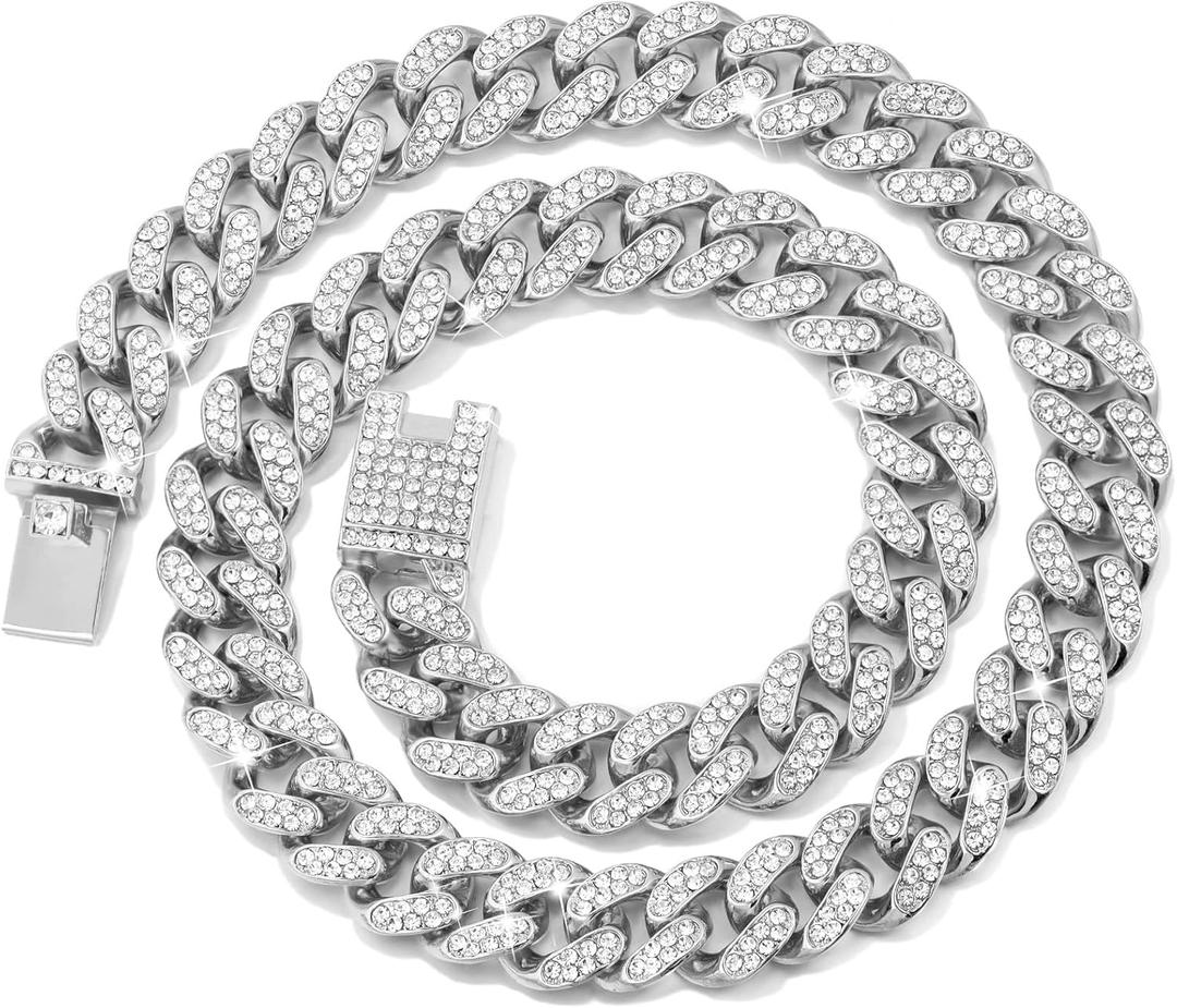 Cuban Link Dog Collar Gold Silver Color Metal Dog Chain Collar Cuban Diamond Chain Pet Collars for Dogs Cats Jewelry 8/10/14/16/18/20/24/28 Inch (18inch, Silver)