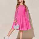 Haloumoning Girls Contrast Mesh Long Sleeve High Waist A Line Short Dress with Pockets 10-12 Years