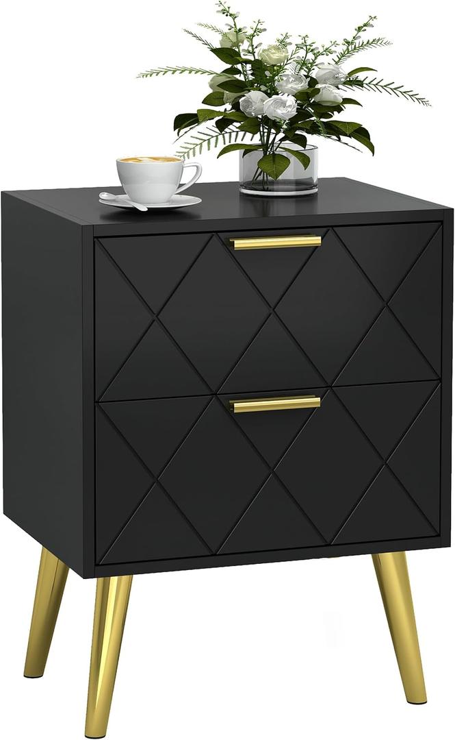 Nightstand with 2 Drawers, Black Bedside Table, Side Table with Gold Legs, Modern Style Night Stand End Table Drawer Dresser for Living Room Bedroom MLBZ09BU