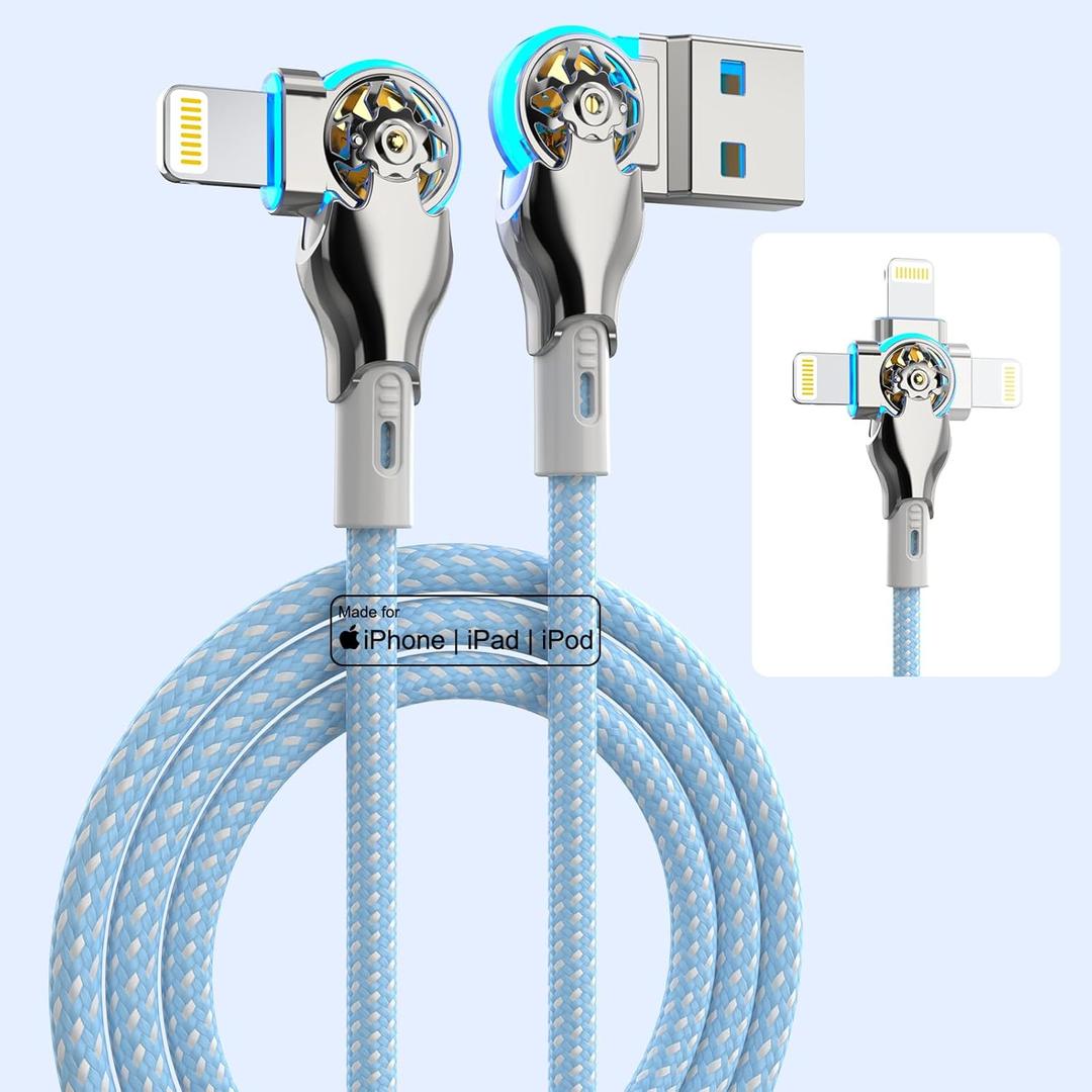 Bidirectional 90 Degree iPhone Charging Cable 6FT, 180Rotating Angle Lightning Cable, High Speed Data Sync iPhone Lightning Charger Cable for Phone 14/13/12/11/Pro/Max/XS/MAX/XR/XS/X/8/7/Plus/6S (Blue)