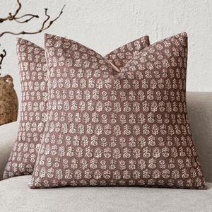 Foindtower Set of 2 Decorative Neutral Floral Print Throw Pillow Covers Vintage Accent Farmhouse Cushion Covers Boho Home Decor for Sofa Couch Chair Bedroom Living Room,20×20 Inch,Wine Red