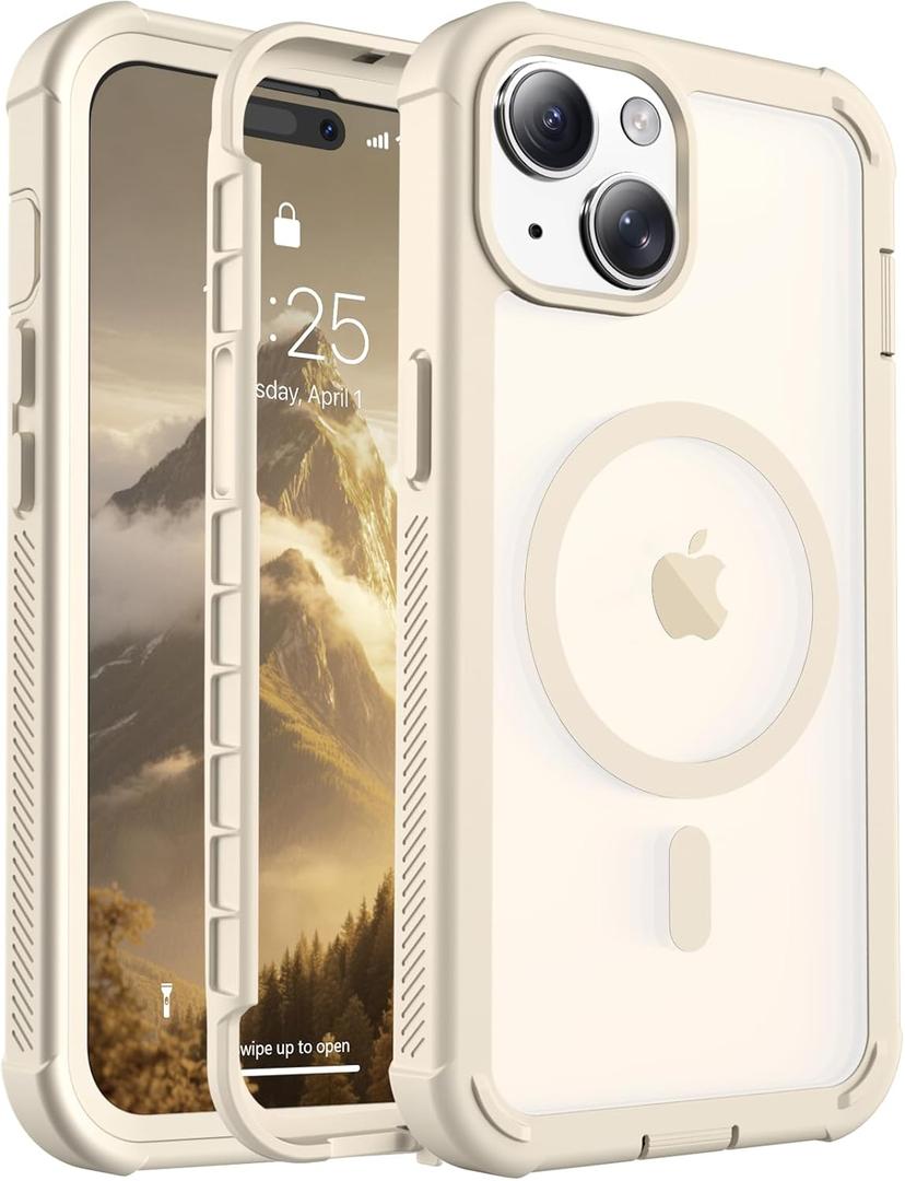 jaroco Magnetic for iPhone 15 Case, [Compatible with MagSafe][Military Grade Drop Protection][Heavy Duty Protection][Non-Slip][Shockproof] 2-Layer Durable Bumper Phone Case 6.1''-Antique White