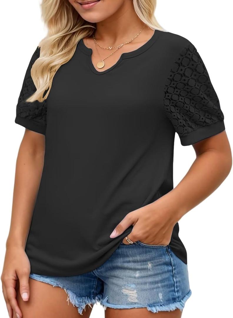 VISILILY Plus-Size-Womens-Summer-Tops 2025 Trendy Notch V Neck T Shirts Cute Lace Short Sleeve Tunics Casual Blouses XL-5XL (Black)