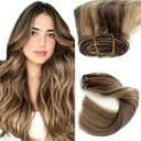 Sew In Real Human Hair Extensions, 20 Inch 100G Weft, Ash Brown Balayage Honey Blonde Highlights, Hand Tied, Remy Human Hair Bundles, Sew In for Women