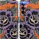 DEENAKIN for Samsung Galaxy S25 Plus Wallet Case with Card Holder + Cash Clip, RFID-Blocking, Military-Grade Protection & UV-Printed Artwork, Magnetic Closure with Kickstand - Abstract Purple Blossoms