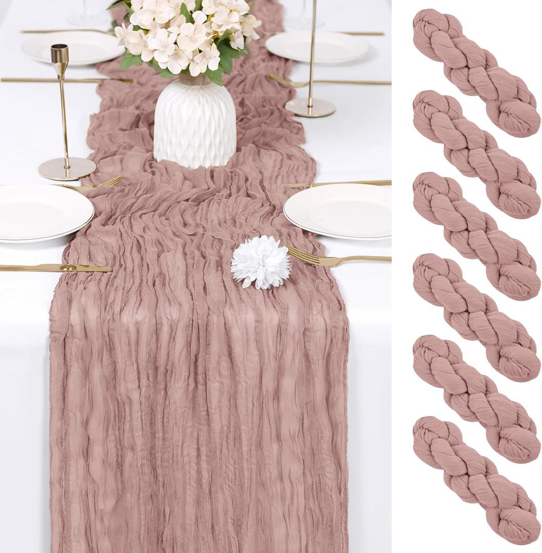 6 Pack Dusty Pink Cheesecloth Table Runner 17x108 Inch Semi Sheer Boho Gauze Cheese Cloth Fabric Table Runners Table Decor for Wedding Party Baby Shower Birthday Home Decor Garden Farmhouse