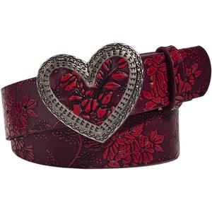 BEAUDRM Women's Retro Vintage Metal Buckle Belt Faux Leather Western Cowgirl Waist Belts (Burgundy)