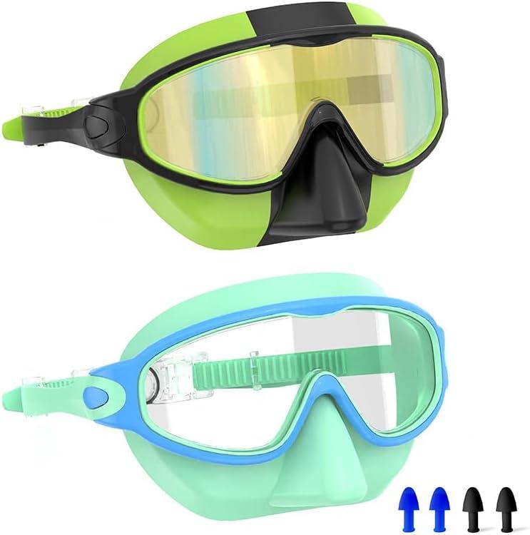  Swim Goggles for Kids 3-15 with Earplugs Large Frame Anti-Fog/UV Swimming Goggles for Boys Girls Toddler 2PCS (Blue & green and Black)