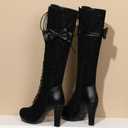 KysBloes Women Lace Goth Knee High Boots Buckle Block Heel Lace Up Knee Length Boots Punk Platform Tall Boots, Size 39