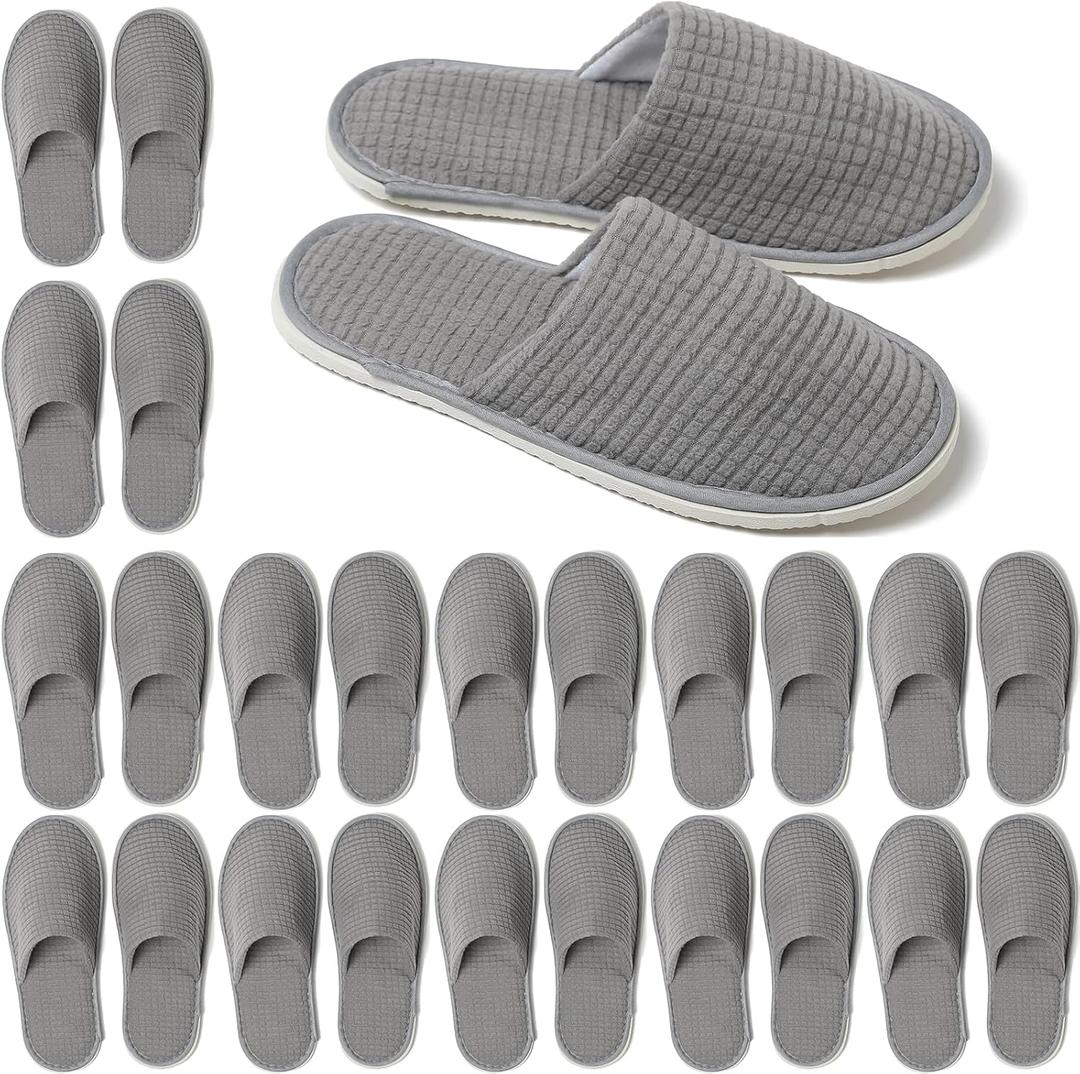 12 Pairs Disposable House Slippers for Guests, Washable Reusable Soft Polar Fleece Spa Slippers, Non-slip Indoor Slippers for Hotel Travel (Gray)