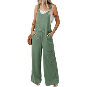 Dokotoo Women's Baggy Overalls 2026 Wide Leg Jumpsuits 3D Floral Pants Casual Loose Sleeveless Rompers with Pockets, Green, Small