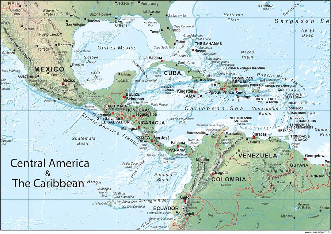 Central America and the Caribbean Physical Map - 39.3 x 27.5 inches  Paper Laminated