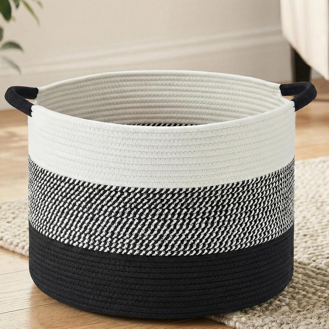 Artfeel 100L Large Cotton Rope Basket, Decorative Woven Blanket Storage for Living Room, Boho Toy Storage & Toy Box for Kids, Versatile Laundry Basket & Nursery Hamper for Blankets(Black)