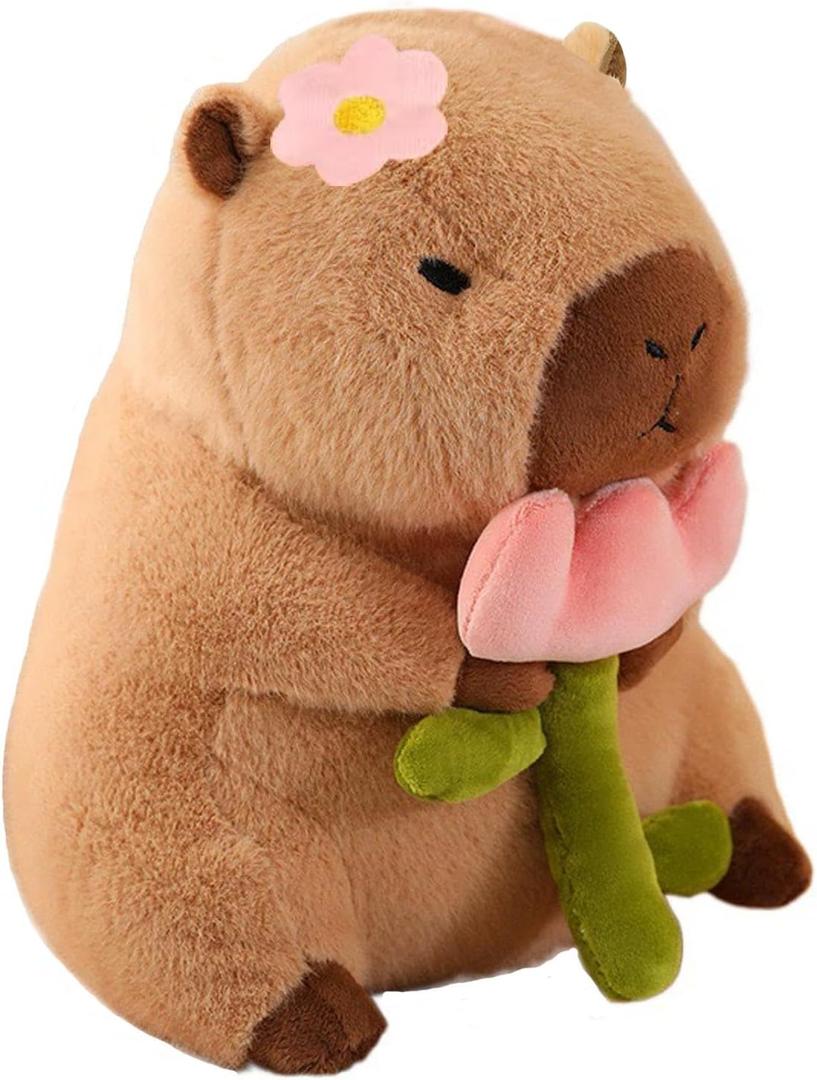 Capybara Plush Holding Flower 11 inch Cute Tulip Capibara Stuffed Animal Valentine's Day Plushies Toys Kawaii Gifts for Kids Brown