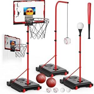 Basketball Hoop for Kids, 4 in 1 Kids Basketball Hoop and T Ball Set with Hanging Baseball Hoop, Toddler Basketball Toys, 2.98-5.8ft Adjustable Basketball Set for Indoor & Outdoor Backyard Sport Game