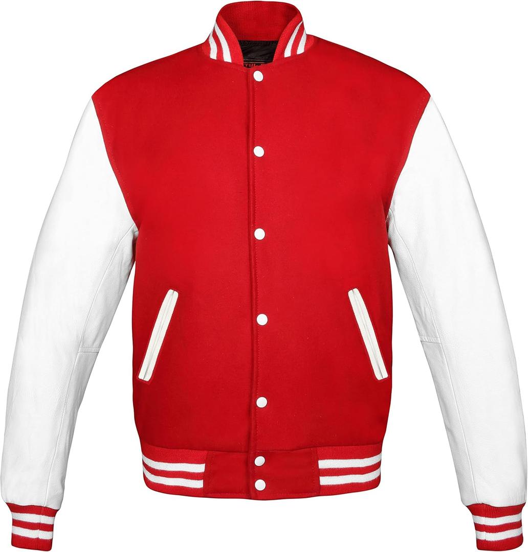 BRUTUL FIGHT Bee Original Leather Varsity Letterman Jackets Baseball Varsity Jackets Wool and Leather Original American Style Varsity Letterman Jackets (RED/WHITE, LARGE)