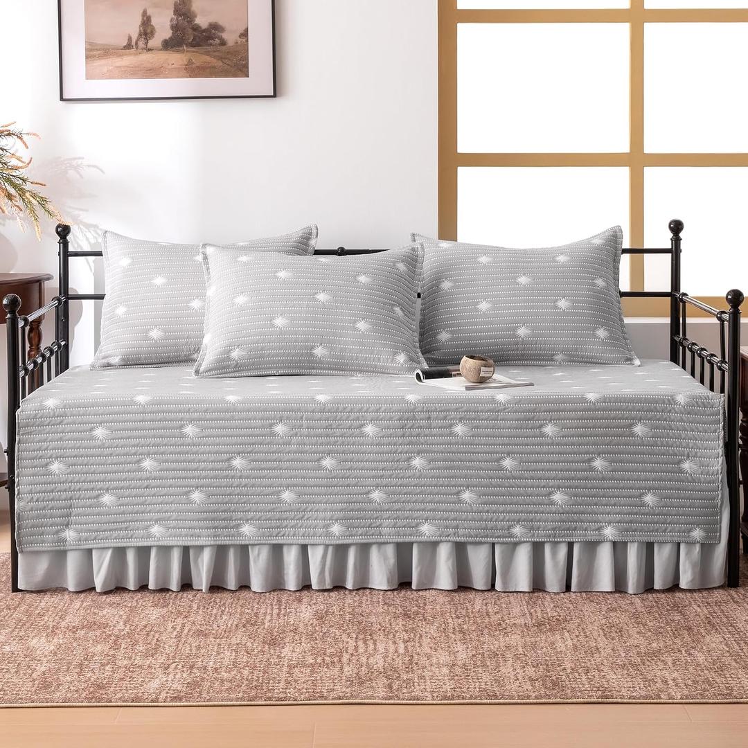 SLEEP ZONE 5 Pcs Daybed Cover Set Stripe Lkat Cotton Quilting Cozy All Season Cozy Dayebed Comforter Bedding Set with Bedskirt, Matching Shames, 75" × 39", Gray