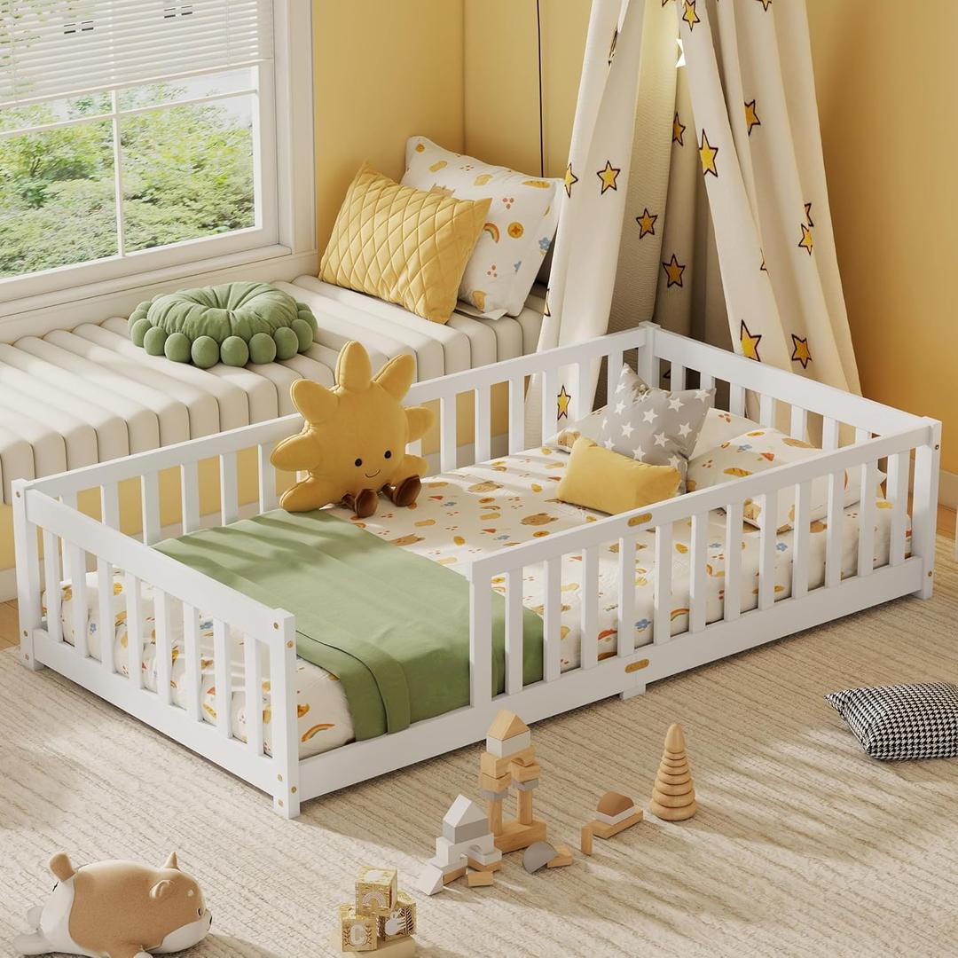 Twin Toddler Floor Bed, Wooden Montessori Bed Frame for Kids, Twin Size Bed Frame with Rails for Kids, Boys and Girls, No Box Spring Needed, White