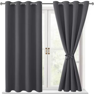 Hiasan Grommet Blackout Curtains for Bedroom, 52 x 54 Inches Long - Thermal Insulated & Light Blocking Window Curtains for Living Room, 2 Drape Panels Sewn with Tiebacks, Dark Grey