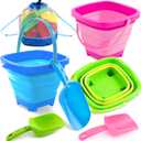 Sloosh 3 PCS Foldable Buckets with 3 Shovels, Square Sand Water Bucket Sandbox Party in Summer Collapsible Silicone Pail Bucket Toddler Kids Beach Camping Travelling Portable Toys (Blue/Pink/Green)