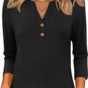 ZESICA Women Fall Boho Striped Henley Shirts 2026 Spring 3/4 Sleeve Tops Summer Dressy Casual Blouses Beach Vacation Clothes (Medium, Ebony)