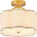13.5" Semi Flush Mount Ceiling Light Fixture for Bedroom, 3-Light Flower-Shape Modern Close to Ceiling Light with Fabric Shade for Hallway Nursery Kitchen Island(Hemp-Color)