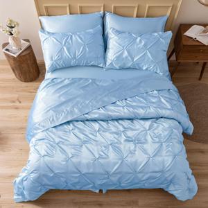 MR&HM Satin Comforter Queen 7 Pieces - Luxurious Pinch Pleat Bedding Set with Comforter, Flat Sheet, Fitted Sheet, Pillowcases & Shams, Super Silky Soft Bed Set for All Season (Queen, Light Blue)