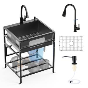 Black 25x22 Inch Freestanding Utility Sink-Stainless Steel Laundry Sink Practicality With Accessories Black Stainless Faucet,Soap Dispenser, SS Sink Grid For Laundry, Garage, Outdoor Kitchen, Garden