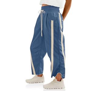 Fisoew Women's Baggy Wide Leg Pants Casual Drawstring Elastic Waisted Contrast Color Workout Y2K Track Pants Blue, Medium