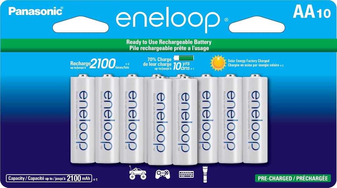 Eneloop Panasonic BK-3MCCA10FA AA 2100 Cycle Ni-MH Pre-Charged Rechargeable Batteries, 10-Battery Pack