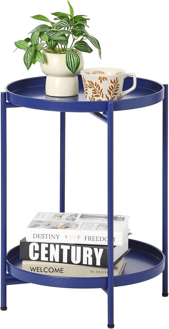2-Tier Round End Side Table, Small Metal Side Table with Removable Tray, Folding Accent Tables for Living Room, Balcony, Nightstand for Bedroom, Outdoor Tables for Patio, Navy Blue, 15.75" x 20.47"