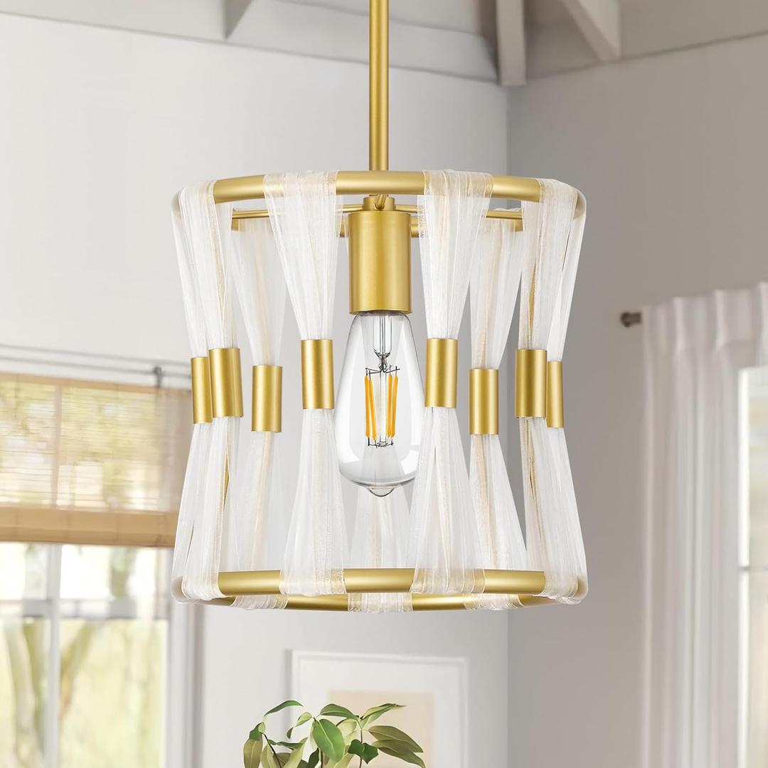 10" Modern Pendant Light, 1-Light Drum Gold Pendant Lights Kitchen Island, Mid Century Single Hanging Lighting for Kitchen, Dining Room, Sink, E26 Base