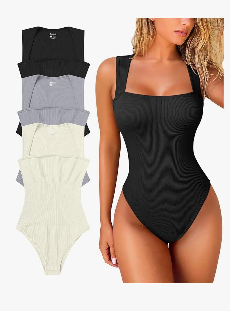 OQQ Women's 3 Piece Bodysuits Sexy Ribbed Strappy Square Neck Sleeveless Tummy Control Tank Tops Bodysuits L