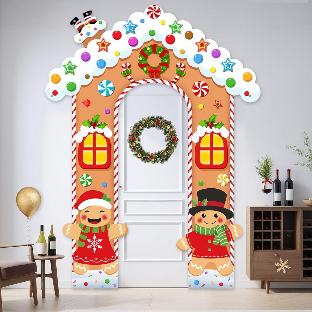 Christmas Gingerbread House Door Decorations  Holiday Photography Background, Gingerbread Banner Party Decoration, Washable Polyester Christmas Photo Booth Backdrop for Family Kids Studio