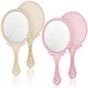 Jetec 2 Pieces Vintage Handheld Mirror Portable Embossed Flower Mirror Hand Held Decorative Compact with Handle for Face Makeup Travel Personal Cosmetic Salon(Pink, Cream)