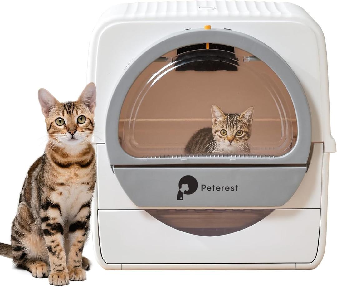 Semi Automatic Self Cleaning Cat Litter Box,Large Kitty Litter Box,Odor Control,No Smell,High-Capacity,Pull and Scoop,Easy to Clean,for Micro Crystal cat Litter, White with Lid (White/Gray-New)