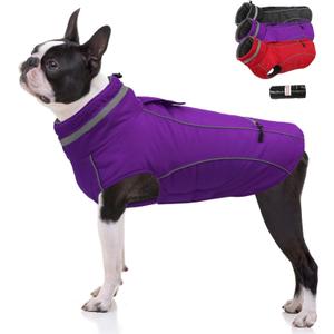 PETDSH Waterproof Dog Coat, Turtleneck Warm Dog Jacket, Dogs Winter Coat with Pocket and Trash Bags, Reflective Puppy Jacket for Winter and Snow (Purple,L)