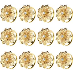 KPOSIYA Flower Napkin Rings Holder Metal Gold Napkin Rings Set of 12 for Wedding Party Holiday Banquet Christmas Dinner Delicate Serviette Buckles Decor Favor (12, Flower-Gold)