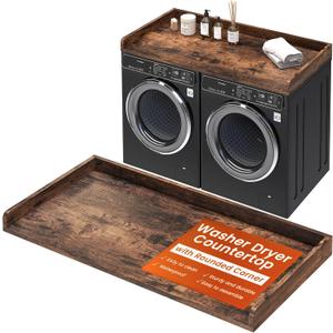 Washer Dryer Countertop, 27.5"x54" Wood Washer and Dryer Countertop with 2.95" Edge Rails, Laundry Machine Topper with Rounded Corner for Laundry Room Organization and Storage, Brown