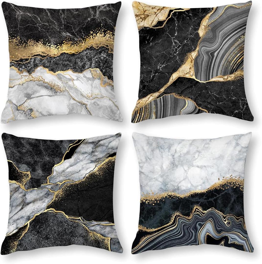 Black Gold Marble Texture Decorative Pillow Covers 18x18 Set of 4, Gold and Black Grey Throw Pillow Cases for Couch Sofa Bedroom Living Room Decor Home Cushion Cover,Black Gold Living Room Decoration