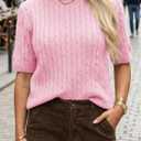Saodimallsu Womens Cable Knit Sweater Tops Short Sleeve Crew Neck Loose Casual Summer Pullover Sweaters (Pink, M)