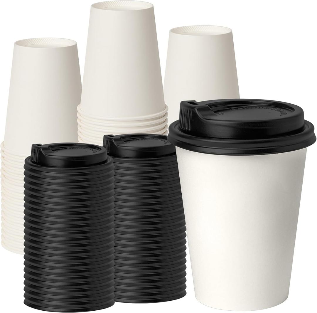 RACETOP [100 pack] Disposable Coffee Cups with Lids 12 oz, Hot Paper Cups with Lids, To Go Cup with Lid (White)
