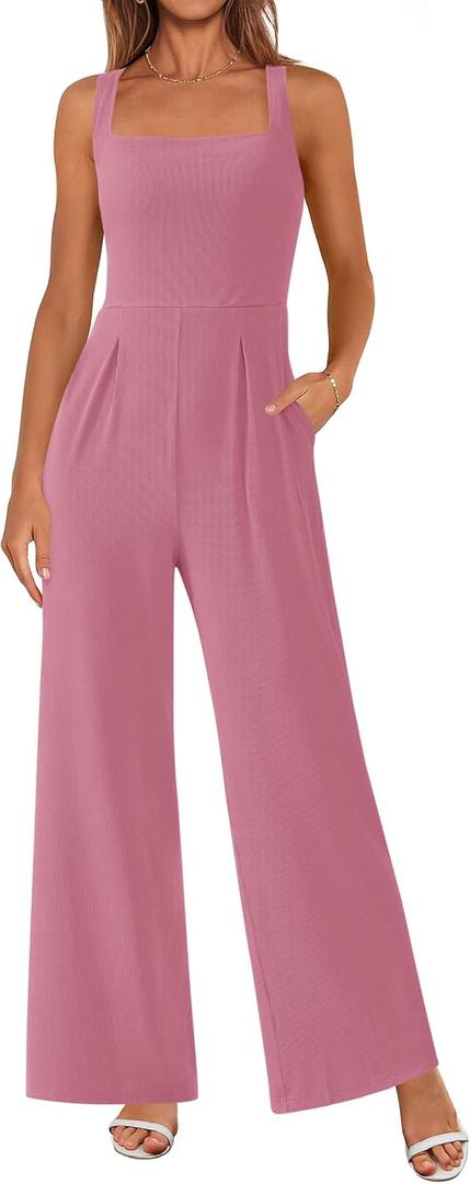 PRETTYGARDEN Summer Sleeveless Jumpsuits for Women Dressy Square Neck Wide Leg Pants Knit One Piece Rompers Fashion Clothing (Pink, XXL)