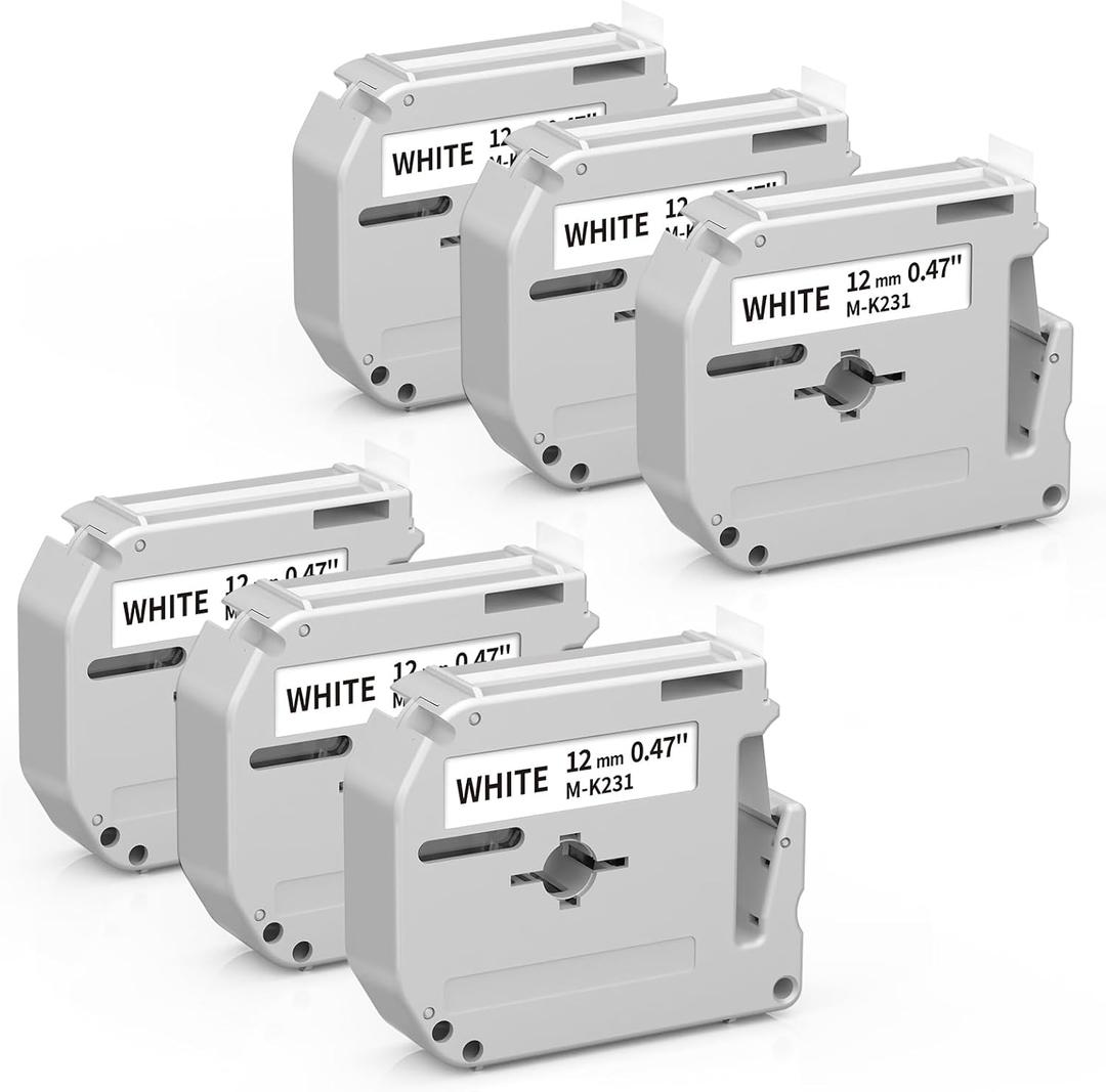 6-Pack M-K231 Label Tape 12mm 0.47 White Replacement for Brother P Touch M Tape M231 MK231 M-231 M-K231s for Brother PT-M95 PT-70BM PT-90 PT-85 PT65 45 Label Maker Refills, 6-Pack (Black on White)