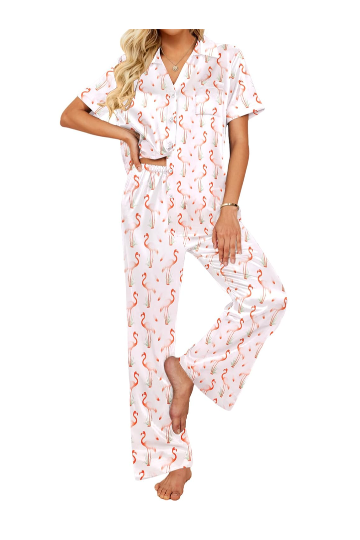 Ekouaer Silk Pajamas for Womens Set 2 Piece Satin Pjs Soft Button Down Sleepwear Wide Leg Long Pants with Pockets S