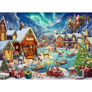 Christmas Village Winter 500 Pieces Puzzle for Adults Snow Night Scene with Northern Lights Holiday Beautiful Ice Skating Jigsaw Puzzle Perfect for Family Challenges Seniors- 21x15 Inches