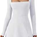 QINSEN Womens Square Neck Bodice Dress Long Sleeve Side Slit Flare Mini Dresses (Medium, White)