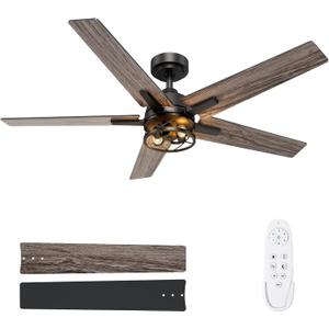 52 Inch Black Caged Ceiling Fans with Lights and Remote, Reversible, 3CCT, Dimmable, Noiseless, Double-Sided 5 Blades Ceiling Fan for Bedroom, Farmhouse, Living Room, No Light Bulbs Included